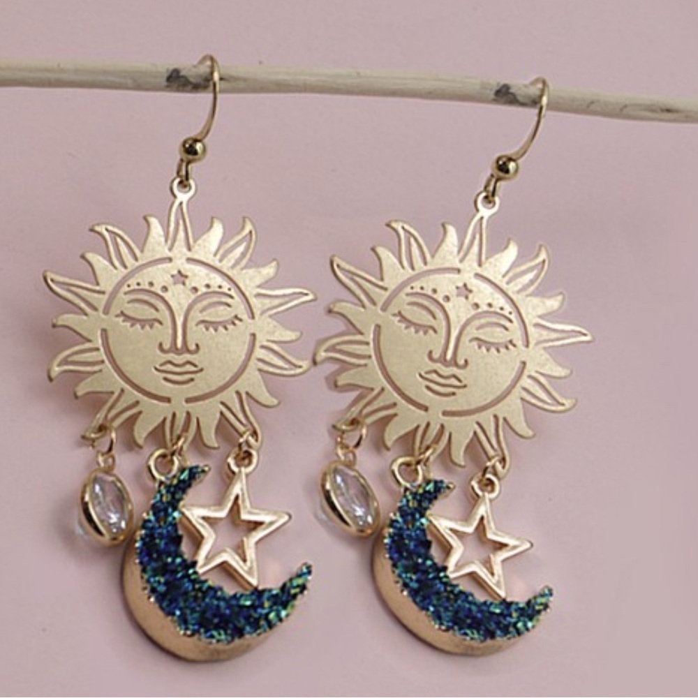 Sun Star and Blue Crescent Moon Earrings
